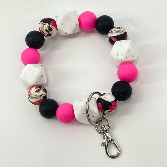 Keychain bracelet wristlet silicone beaded skull roses rockabilly NEW handmade c - Picture 7 of 7